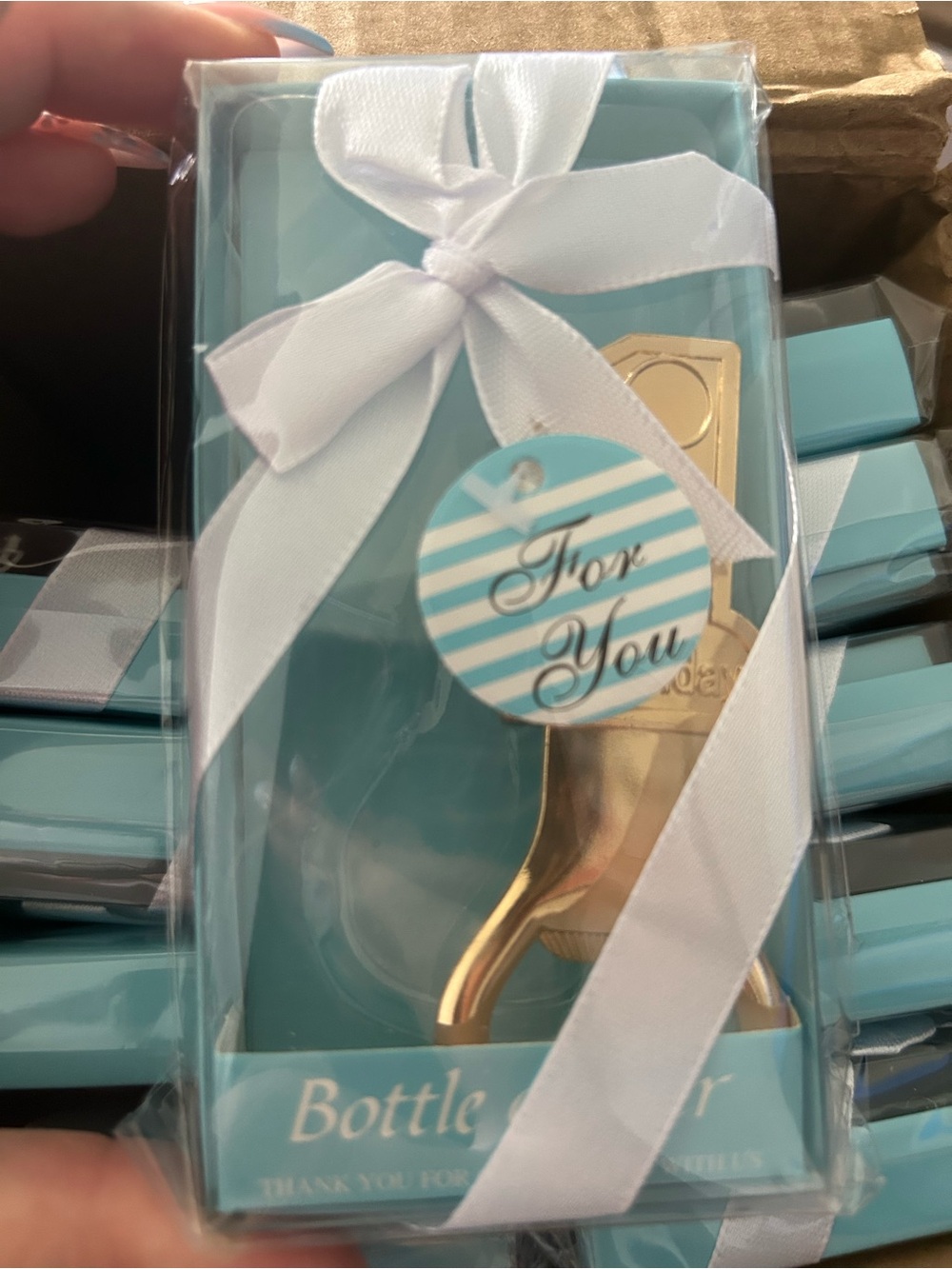 Aqua Blue Favors: bottle openers  with White Ribbon - Elegant Party Supplies - Picture 2 of 3